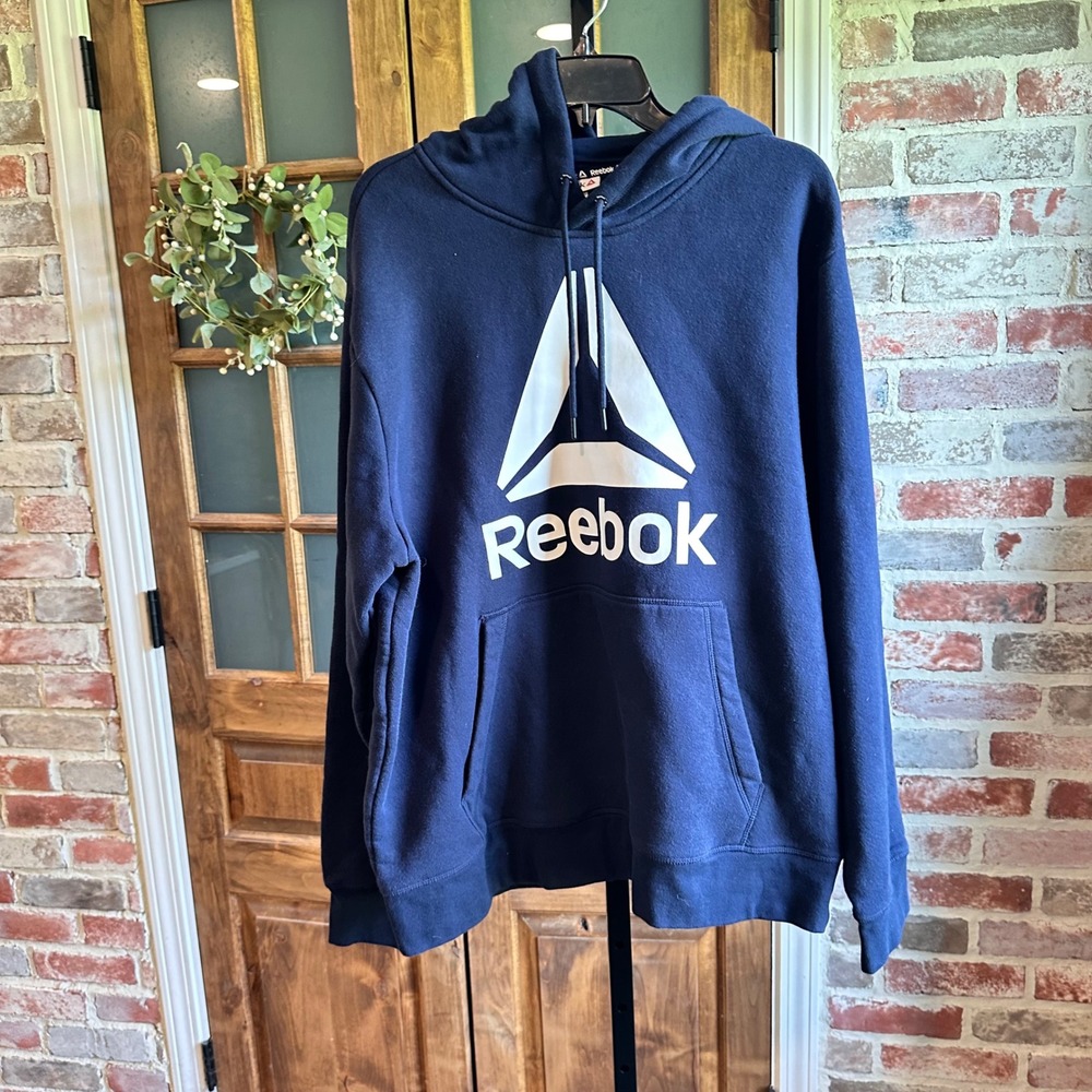 Reebok Hoodie Mens Navy Blue Graphic Logo Fleece Pullover Gym Casual Classic XL